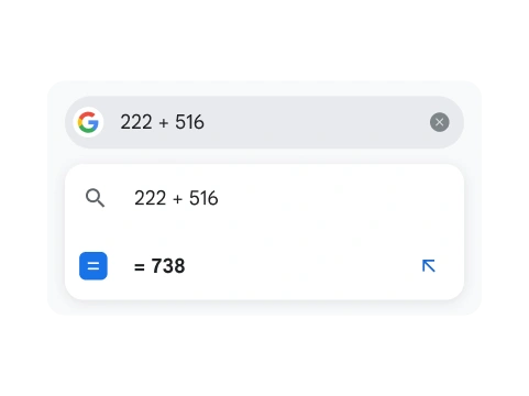 En sökning på 222 + 516 visar resultatet 738.